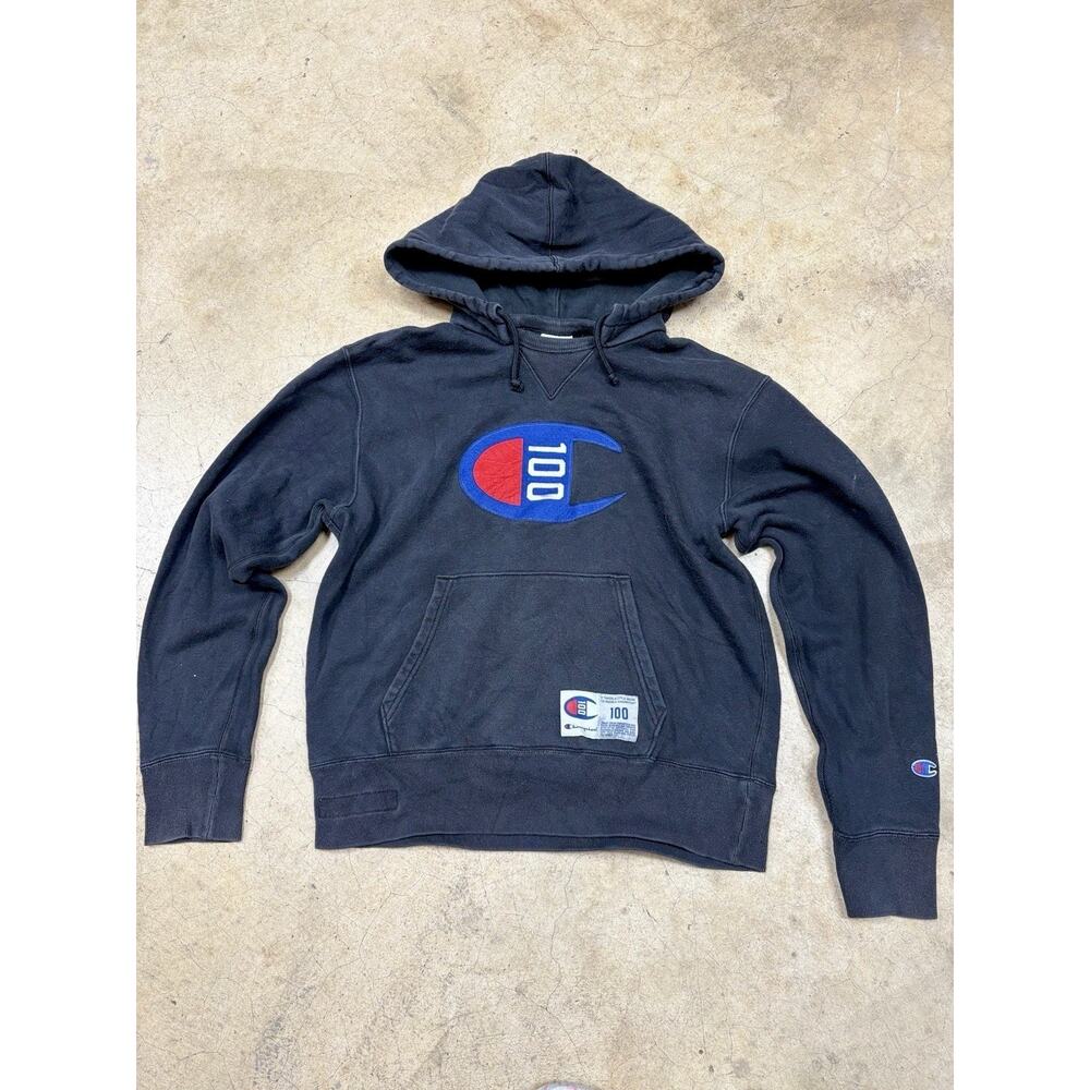 Vintage Champion 100 Hoodie Men Medium Black Lined Kangaroo Pockets Casual Wear